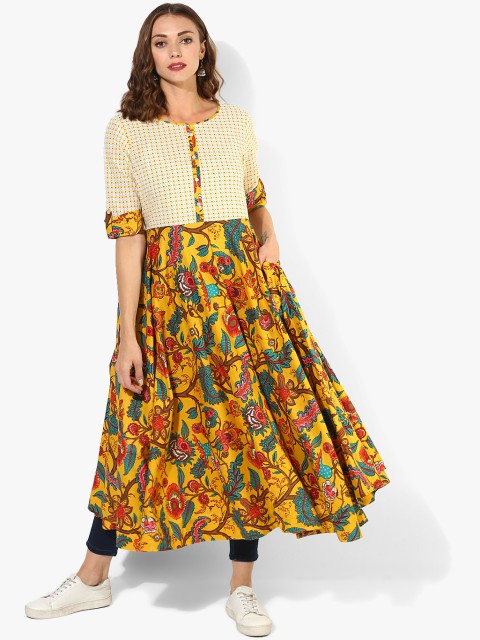 

Sangria Women Mustard Yellow & Beige Printed A-Line Kurta