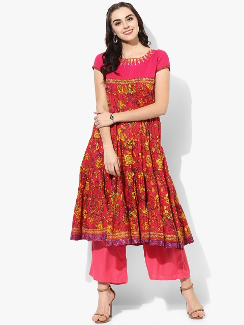

Sangria Women Pink & Yellow Printed Anarkali Tiered Kurta