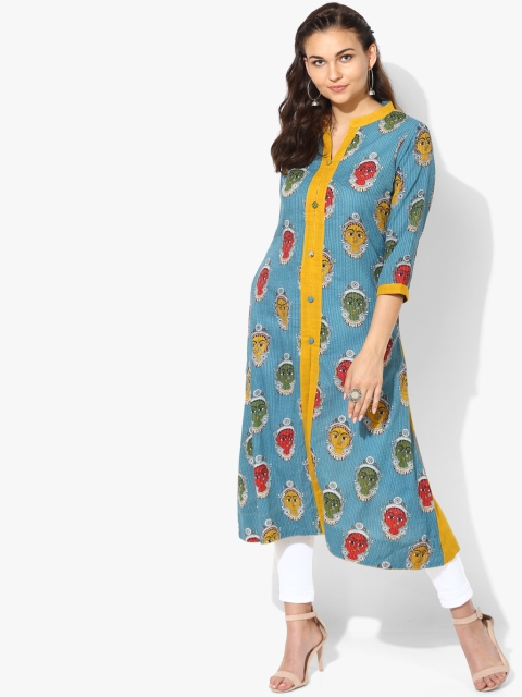 

Sangria Women Blue & Mustard Yellow Printed A-Line Kurta