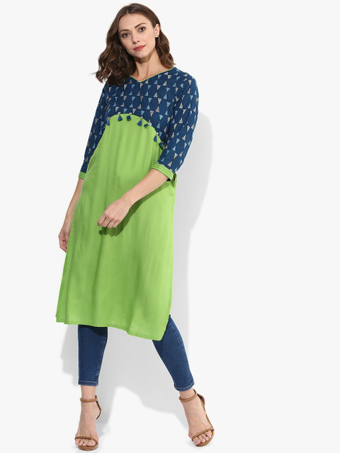 

V Neck Rayon Printed Flared Kurta With 3/4Th Sleeves And Tassel Detail, Green