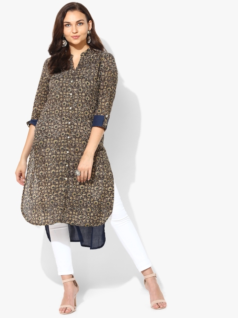 

Sangria Women Charcoal Grey & Beige Kalamkari Print High-Low Straight Kurta