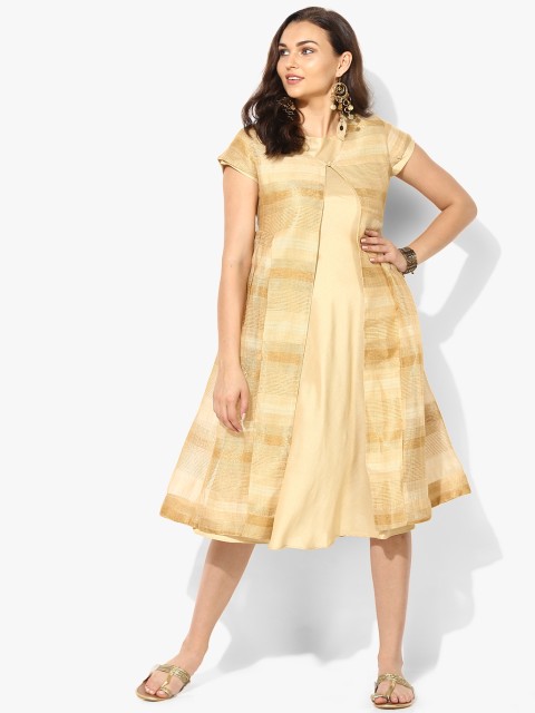 

Mandarin Collar Gathered Short Sleeves Anarkali Teamed Up With Flared Inner Layer, Beige