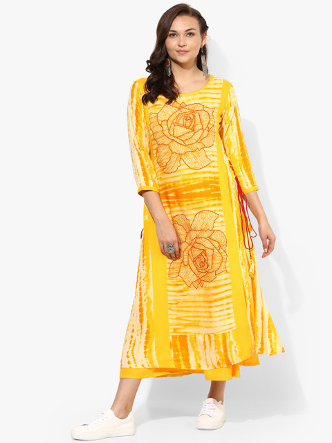 

Sangria Women Yellow & Orange Printed Midi Layered A-Line Dress