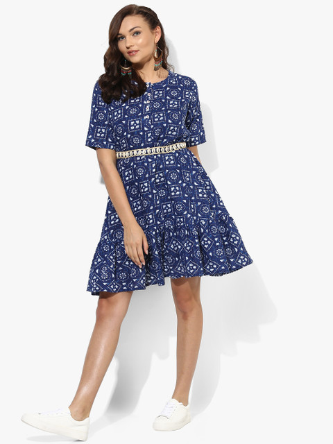 

Sangria Women Blue & White Printed Drop-Waist Dress