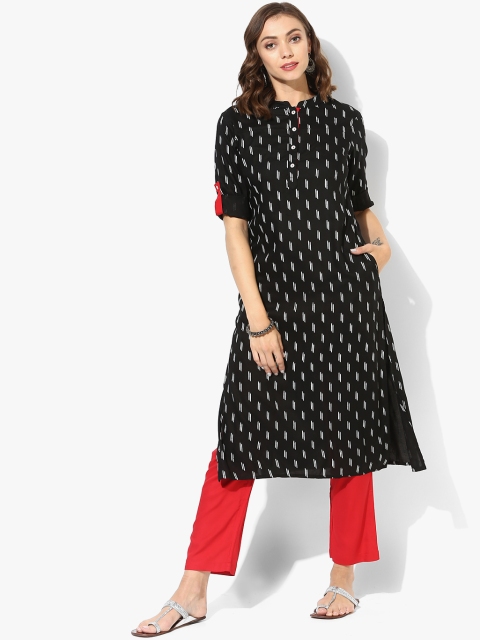 

Mandarin Collar Straight Kurta With Front Placket 3/4Th Sleeves And Side Pockets Teamed Up With Pants, Black