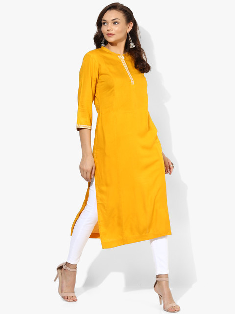 

Embroidered Band Collar Straight Fit Kurta With 3/4Th Sleeves, Yellow