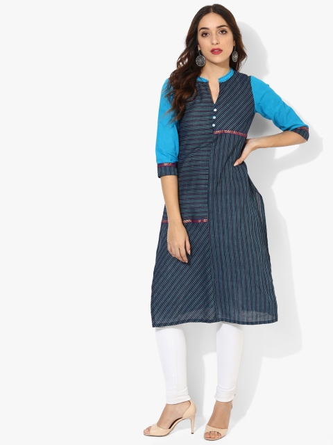 

Sangria Women Navy Blue Striped A-Line Kurta