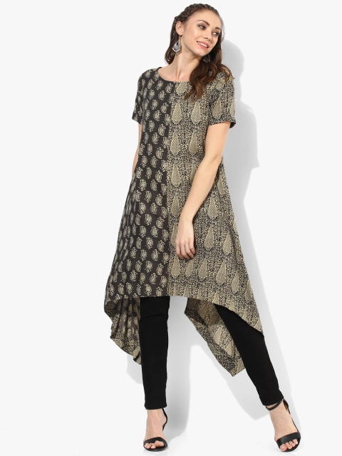 

Sangria Women Olive Green & Black Printed A-Line Asymmetric Kurta
