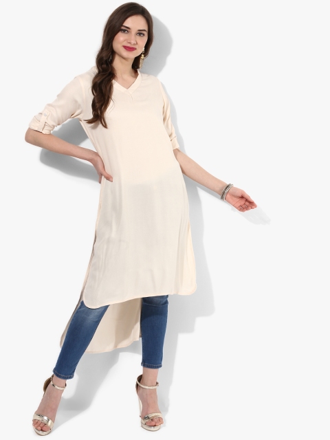 

Sangria Women Off-White Solid Straight High-Low Kurta, Beige
