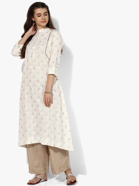 Sangria Women Cream-Coloured Printed Asymmetric A-Line Kurta