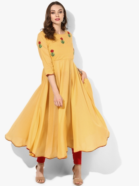 

Round Neck 3/4Th Sleeves Anarkali With Embroidery And Side Pockets, Yellow