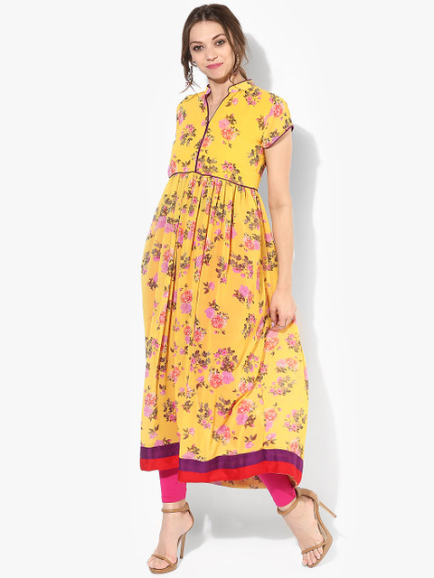 

Sangria Women Yellow & Pink Floral Print Anarkali Kurta