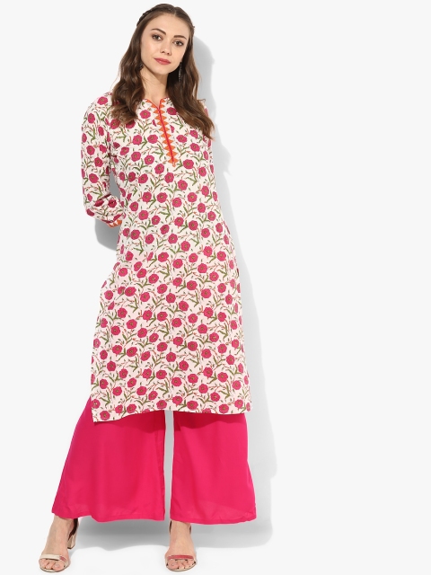 

Sangria Women Off-White & Pink Printed Straight Kurta