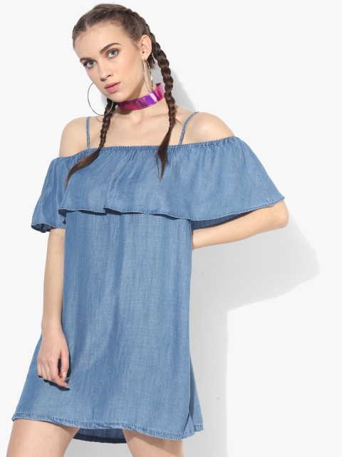 

FOREVER 21 Women Denim Blue Solid Chambray A-Line Dress
