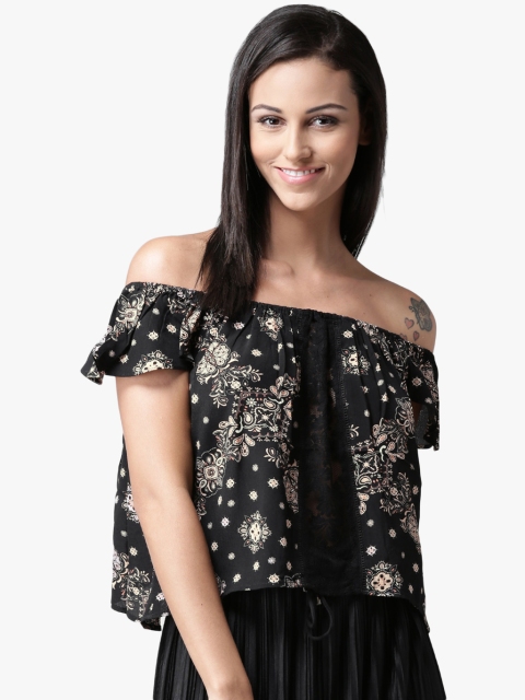 

FOREVER 21 Black Floral Print Off-Shoulder Flared Top
