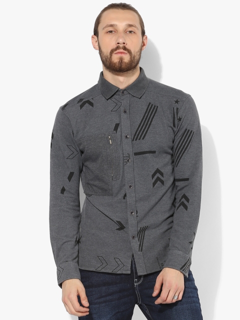 

YWC Men Grey Printed Knitted Casual Shirt