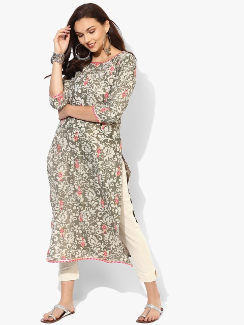 

Printed Round Neck Straight Fit Kurta With Embroidery Detail And 3/4th Sleeves, Grey