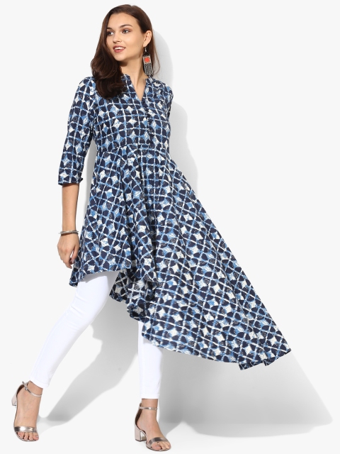 

Printed Band Collar High-Low Tunic, Blue