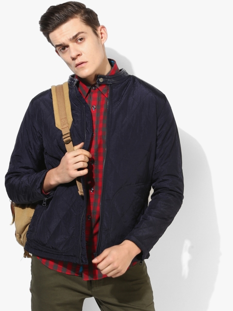 

Navy Blue Solid Regular Fit Casual Jacket