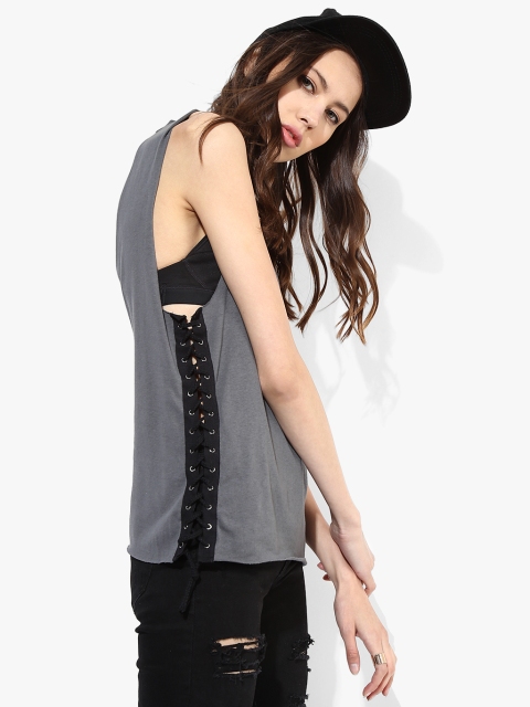 

FOREVER 21 Women Grey Solid Pure Cotton Top
