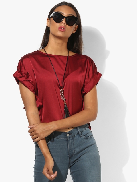 

Deal Jeans Women Maroon Solid Satin Finish Blouson Crop Top