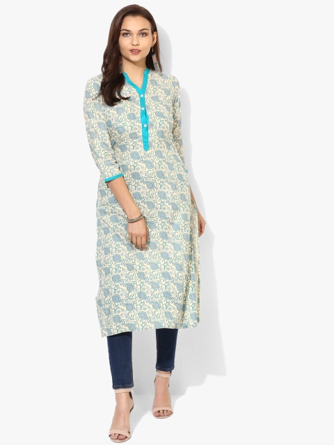 

Printed Band Collar Straight fit Kurta With 3/4Th Sleeves, Blue