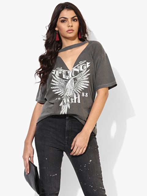 

FOREVER 21 Women Charcoal Grey Printed Top
