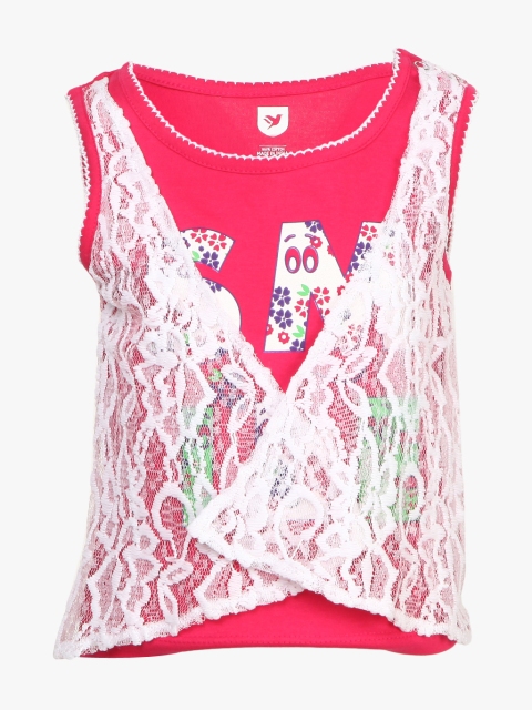 

612 league Girls Fuchsia & White Printed Pure Cotton Top