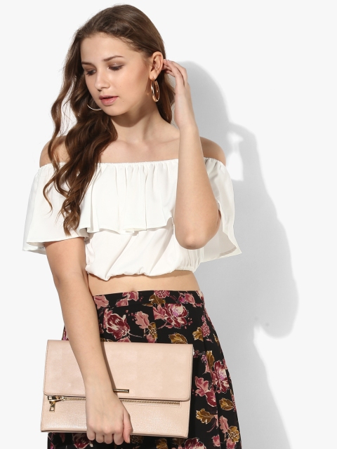 

FOREVER 21 Women White Solid Layered Crop Bardot Top, Off white