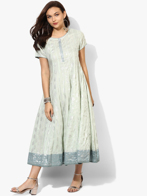 

Silver Foil Printed Round Neck Anarkali With Short Sleeves And Embroidery Detail, Blue