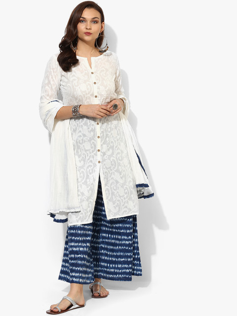 

Round Neck Jacquard Kurta With Indigo Printed Palazzo & Dupatta, White