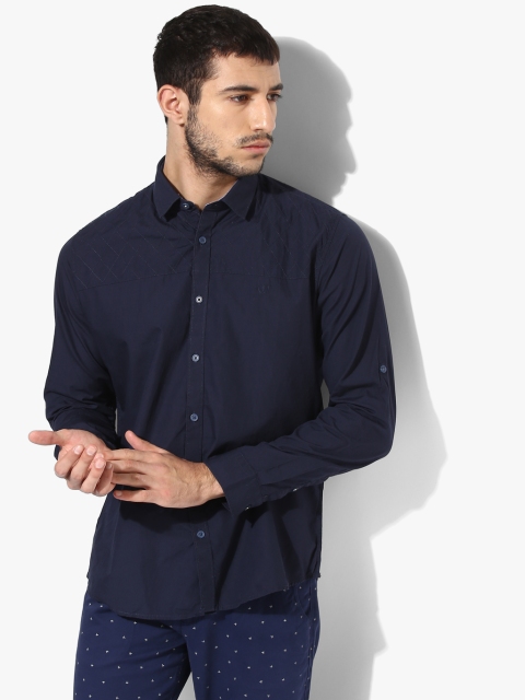 

Navy Blue Solid Slim Fit Casual Shirt