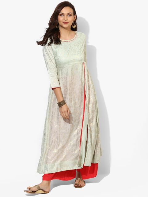 

Gold Foil Printed Round Neck Flared Kurta With Embroidery Detail 3/4Th Sleeves Teamed Up With Peach Palazzo, Green