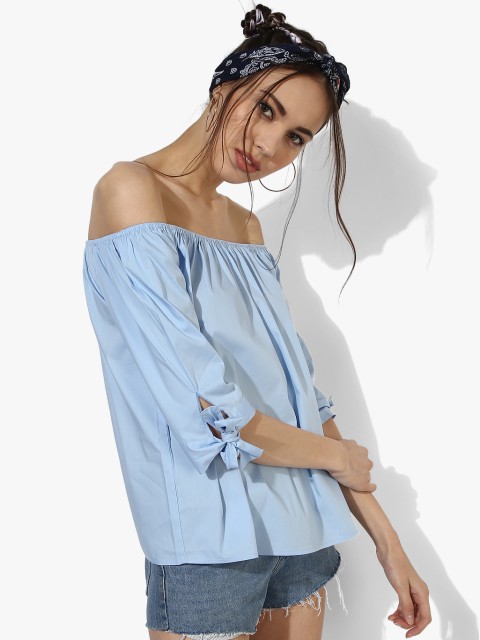 

FOREVER 21 Women Blue Solid Bardot Top