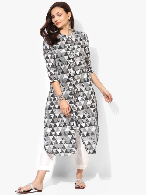 

Printed Shaped Hem Band Collar Kurta With Full Button Placket And 3/4Th Sleeves, Grey