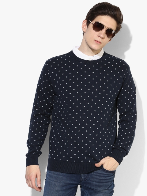 

Navy Blue Printed Regular Fit Round Neck Sweater