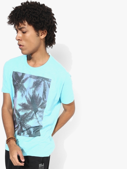 

Aqua Blue Printed Regular Fit Round Neck T-Shirt