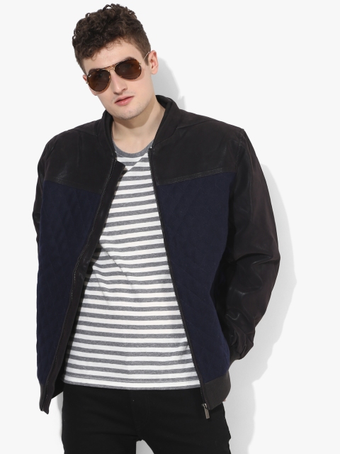 

V Dot Men Navy Blue Solid Open Front Jacket