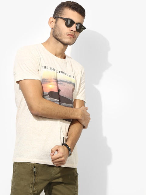 

Beige Printed Regular Fit Round Neck T-Shirt