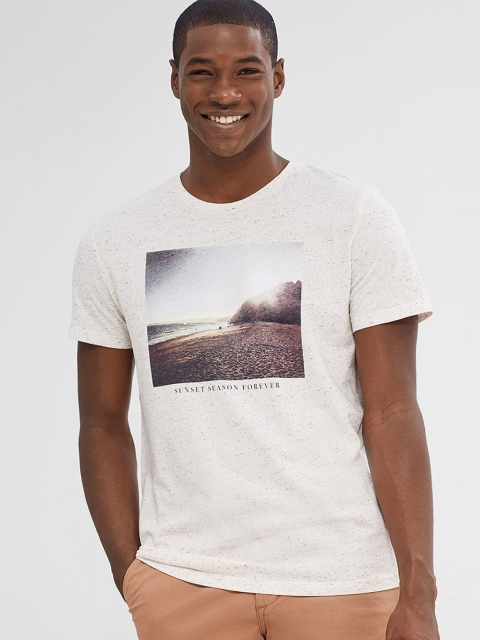 

Cream Printed Regular Fit Round Neck T-Shirt