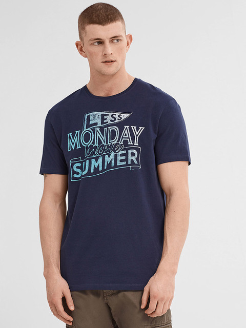 

Navy Blue Printed Regular Fit Round Neck T-Shirt