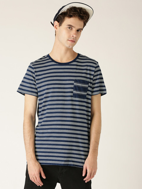 

Navy Blue Striped Regular Fit Round Neck T-Shirt