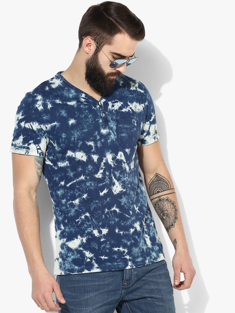 

Navy Blue Printed Slim Fit Henley T-Shirt