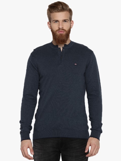 

Navy Blue Solid Slim Fit Mandarin T-Shirt