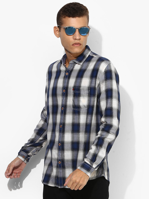 

Navy Blue Checked Slim Fit Casual Shirt