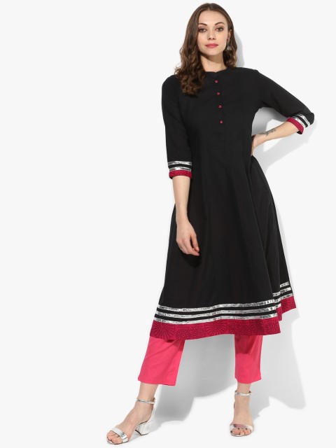 

Mandarin Collar Anarklai With Front Placket And 3/4Th Sleeves, Black