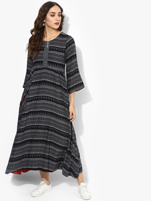 

Round Neck Rayon Printed Kurta With 3/4Th Sleeves, Black