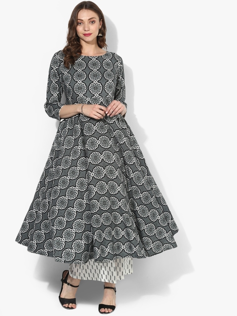 

Round Neck 3/4Th Sleeve High Low Kurta With Ikkat Facing & Ikkat Straight Palazzo, Grey