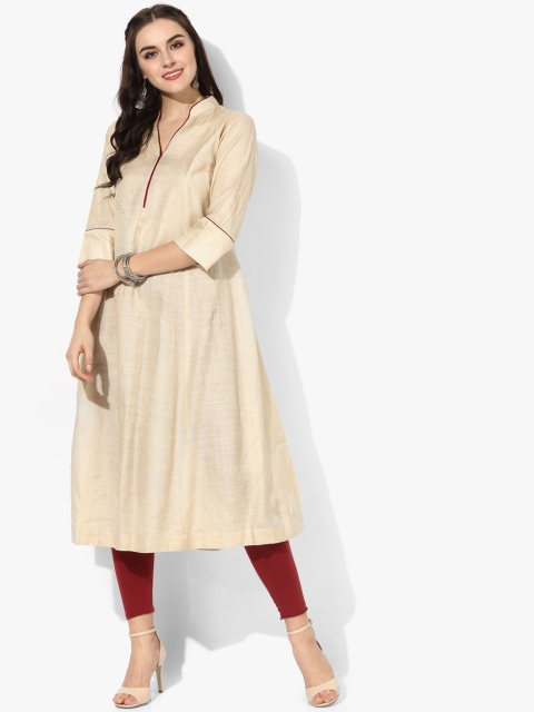 

Bhagalpuri Silk A-Line Band Collar 3/4Th Sleeve Solid Kurta With Red Piping, Beige