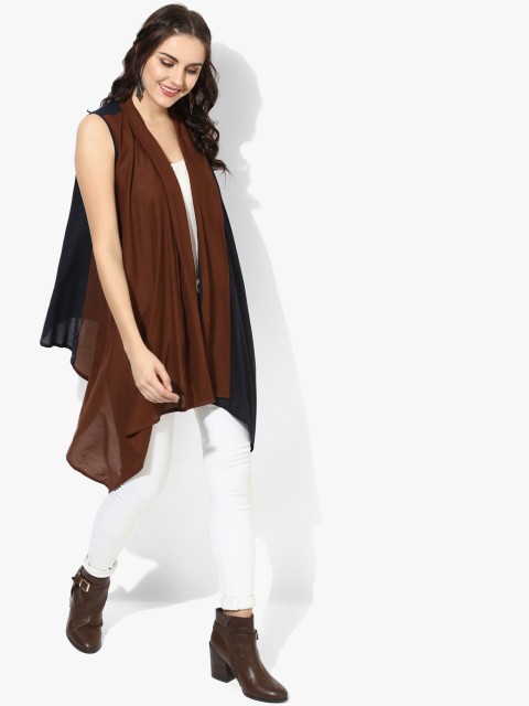 

Lappel Collar Sleeveless Colourblocked Shrug, Brown